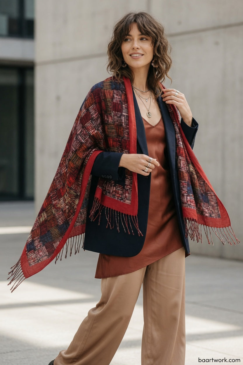 Red Mosaic Art Scarf – Artistic Pattern Wrap