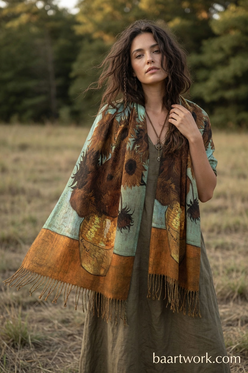 Sunflowers Dark Tone Scarf – Deep Floral Wrap