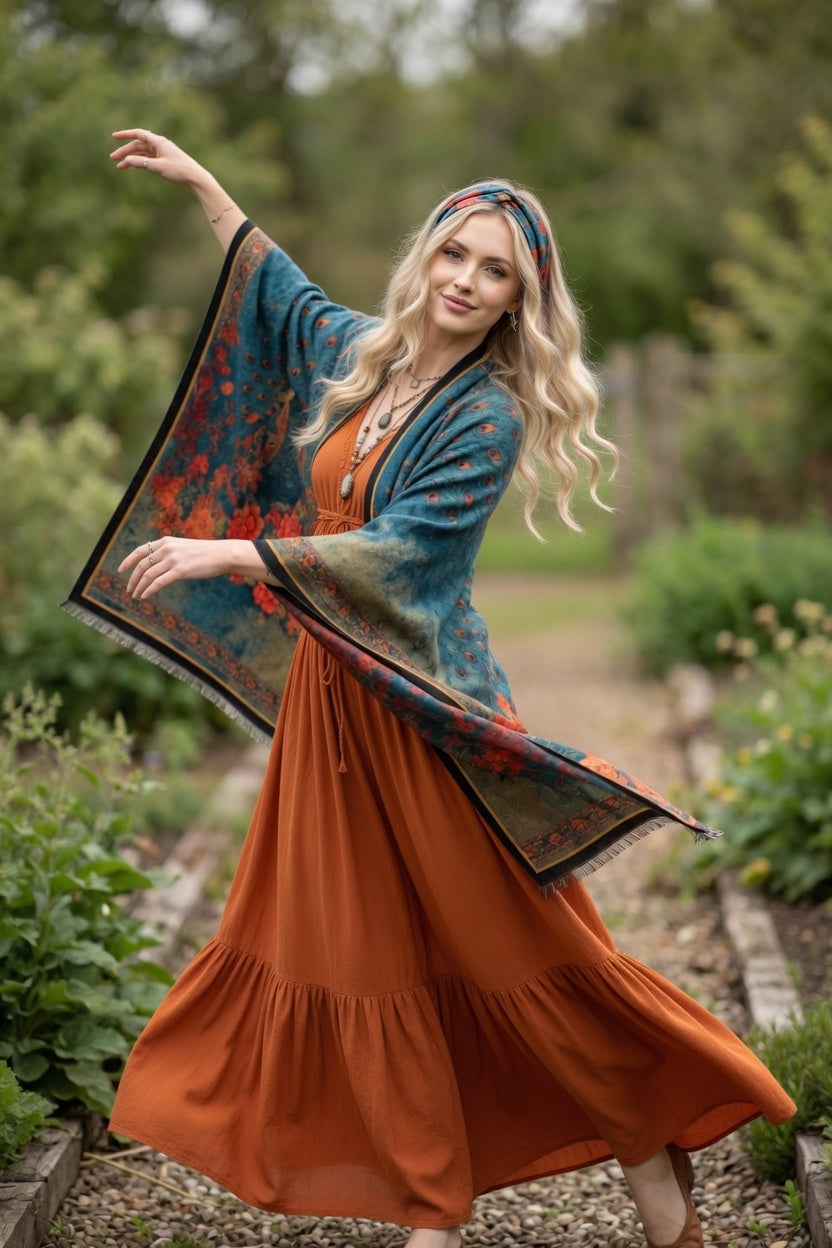 Peacock in Flower Bed Premium Scarf