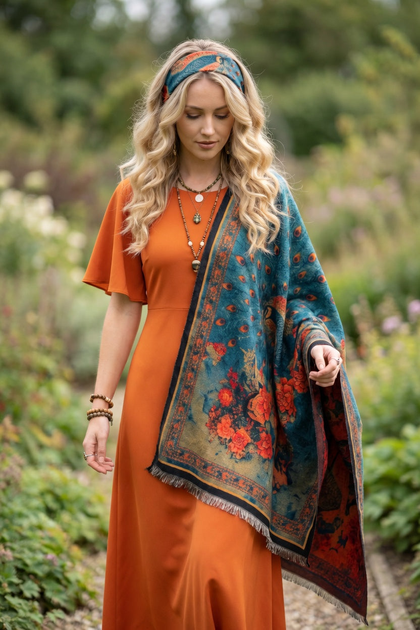 Peacock in Flower Bed Premium Scarf
