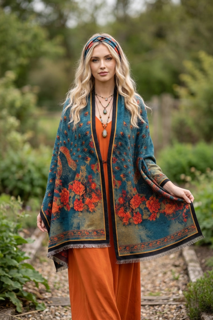 Peacock in Flower Bed Premium Scarf