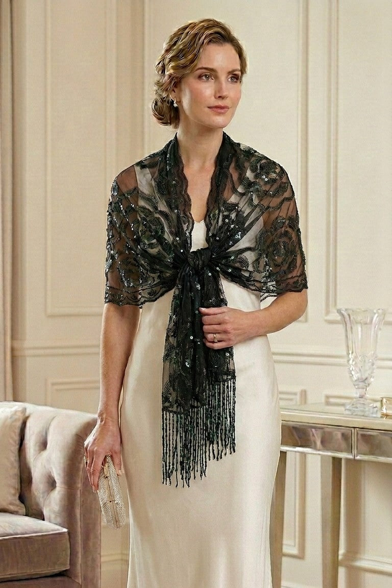 Black Rose Sequin Evening Scarf Wrap | Elegant Floral Sparkle Shawl