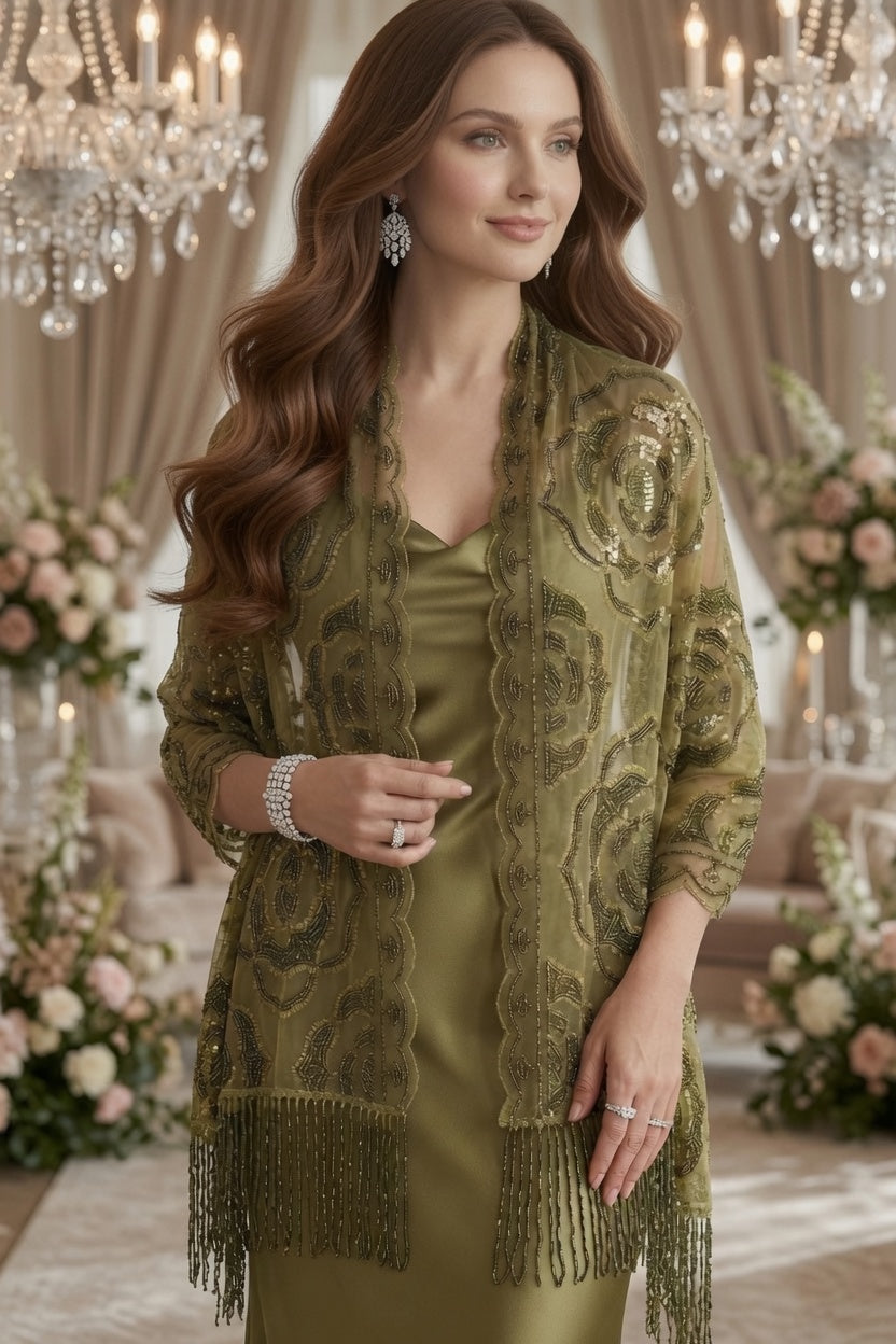 Olive Rose Sequin Evening Scarf Wrap | Elegant Floral Sparkle Shawl