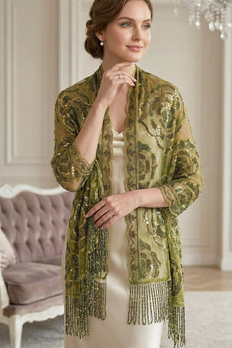 Olive Rose Sequin Evening Scarf Wrap | Elegant Floral Sparkle Shawl