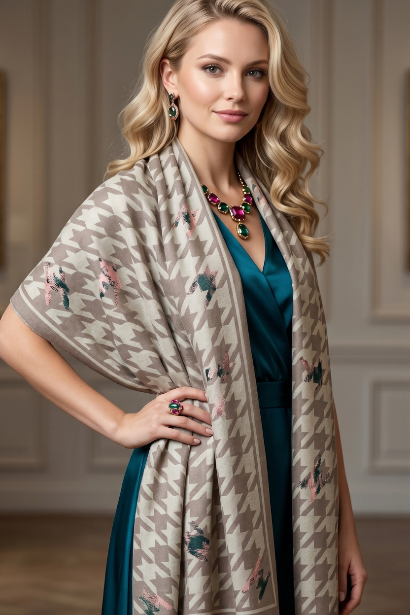 Khaki Houndstooth Scarf with Solid Border – Timeless Fashion Wrap