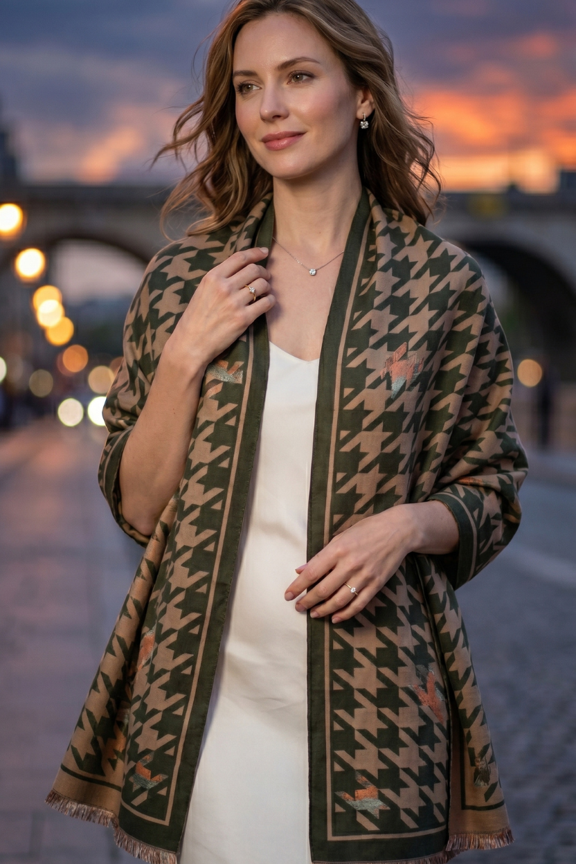Olive Houndstooth Scarf with Solid Border – Sophisticated Lightweight Shawl