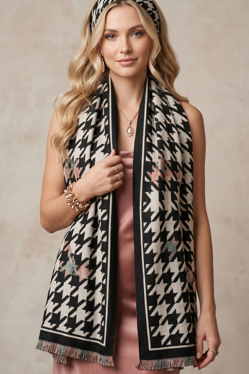 Black White Houndstooth Scarf with Solid Border – Classic Elegant Shawl