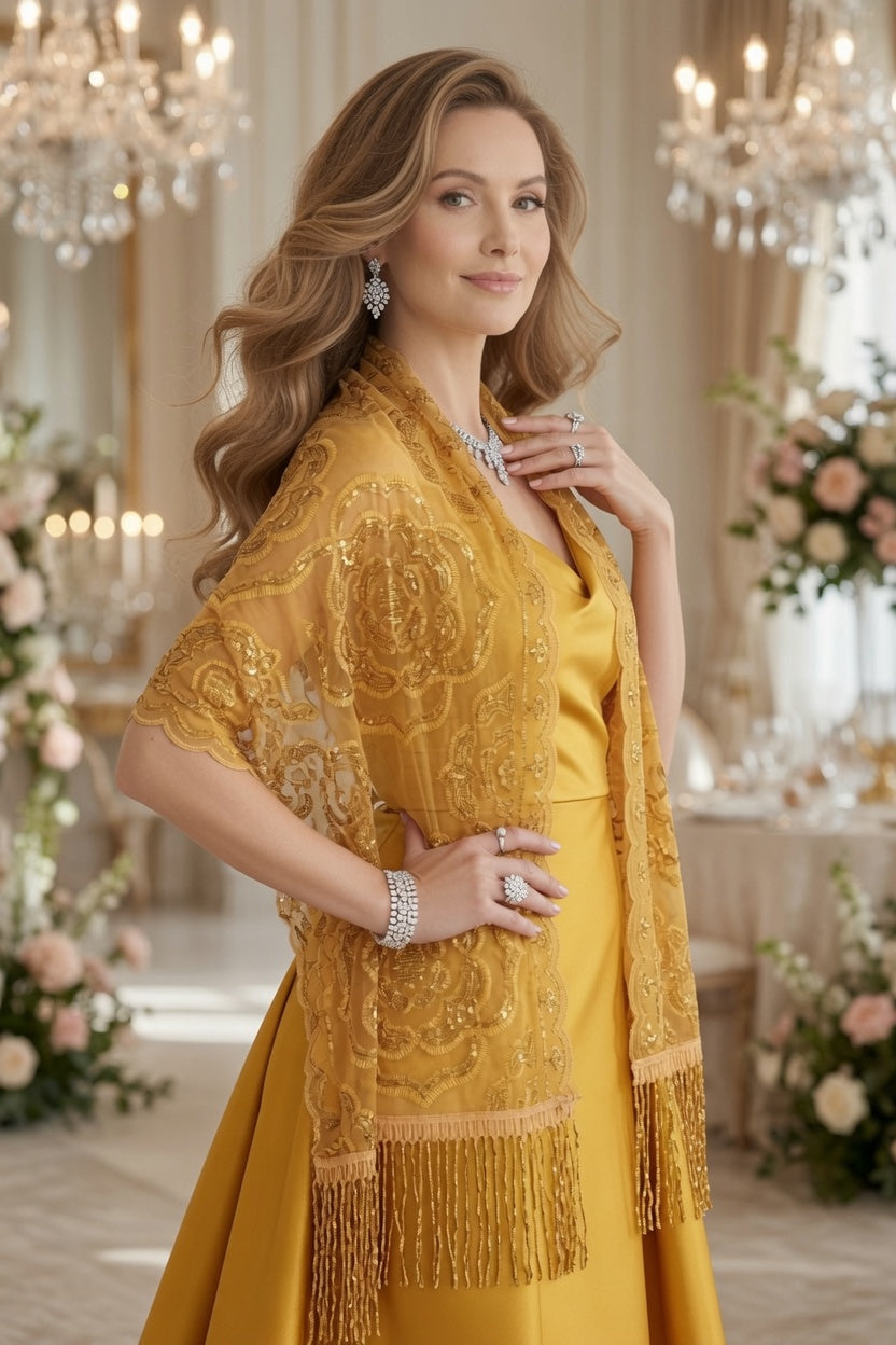 Golden Yellow Rose Sequin Evening Scarf Wrap | Elegant Floral Sparkle Shawl