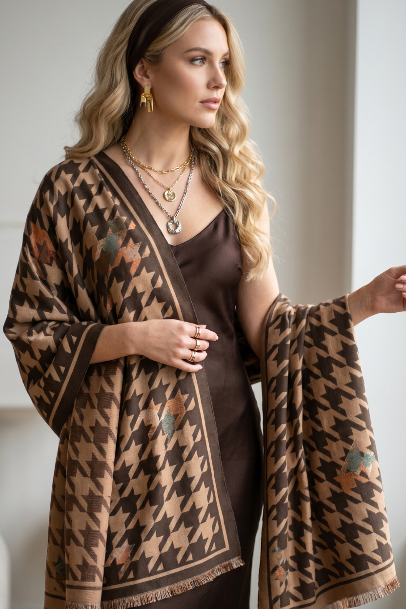 Brown Houndstooth Scarf with Solid Border – Elegant Fashion Wrap Shawl