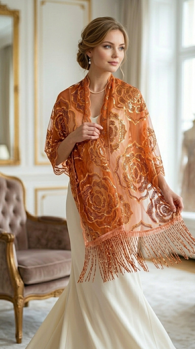 Orange Rose Sequin Evening Scarf Wrap | Elegant Floral Sparkle Shawl