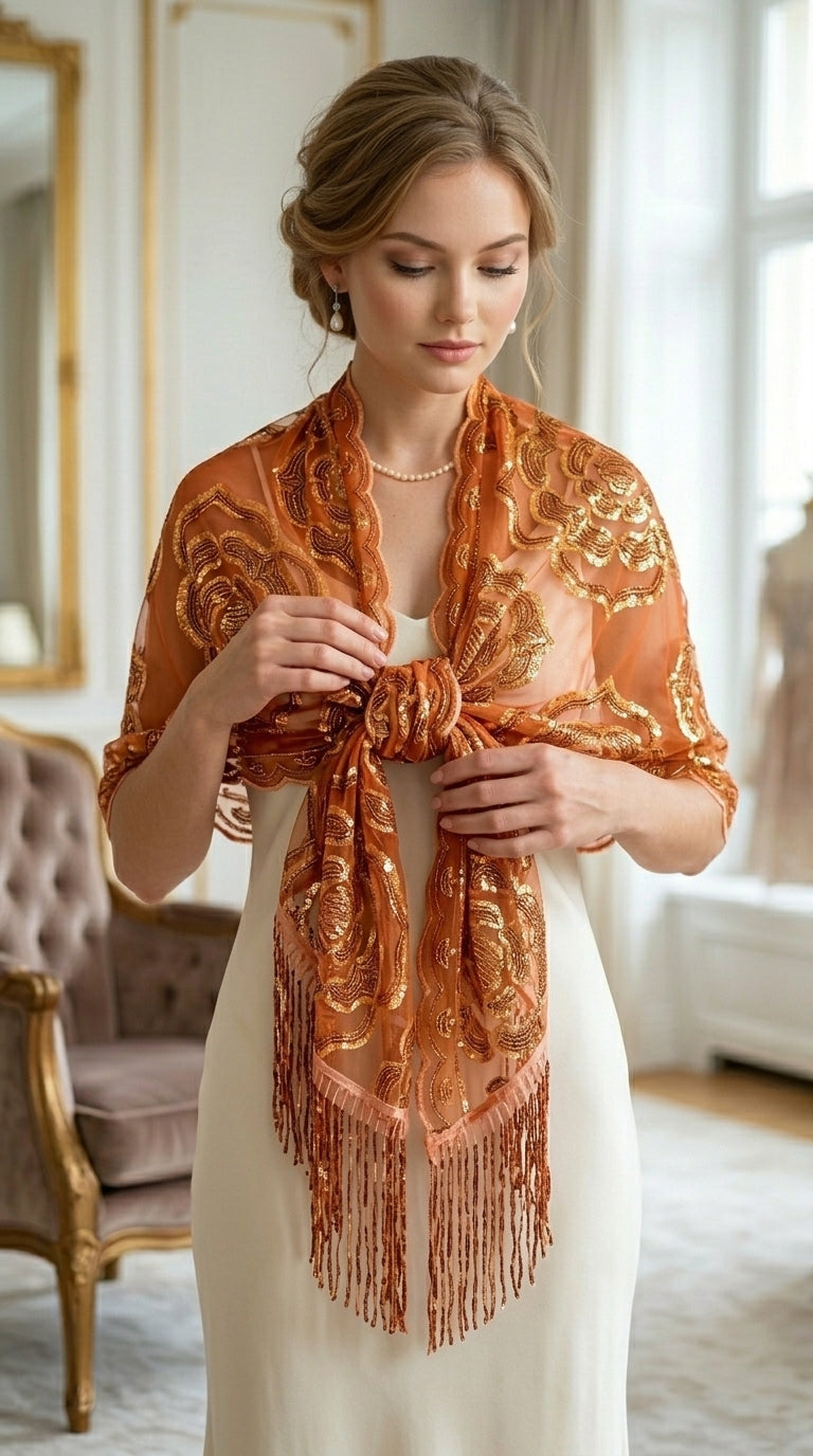Orange Rose Sequin Evening Scarf Wrap | Elegant Floral Sparkle Shawl
