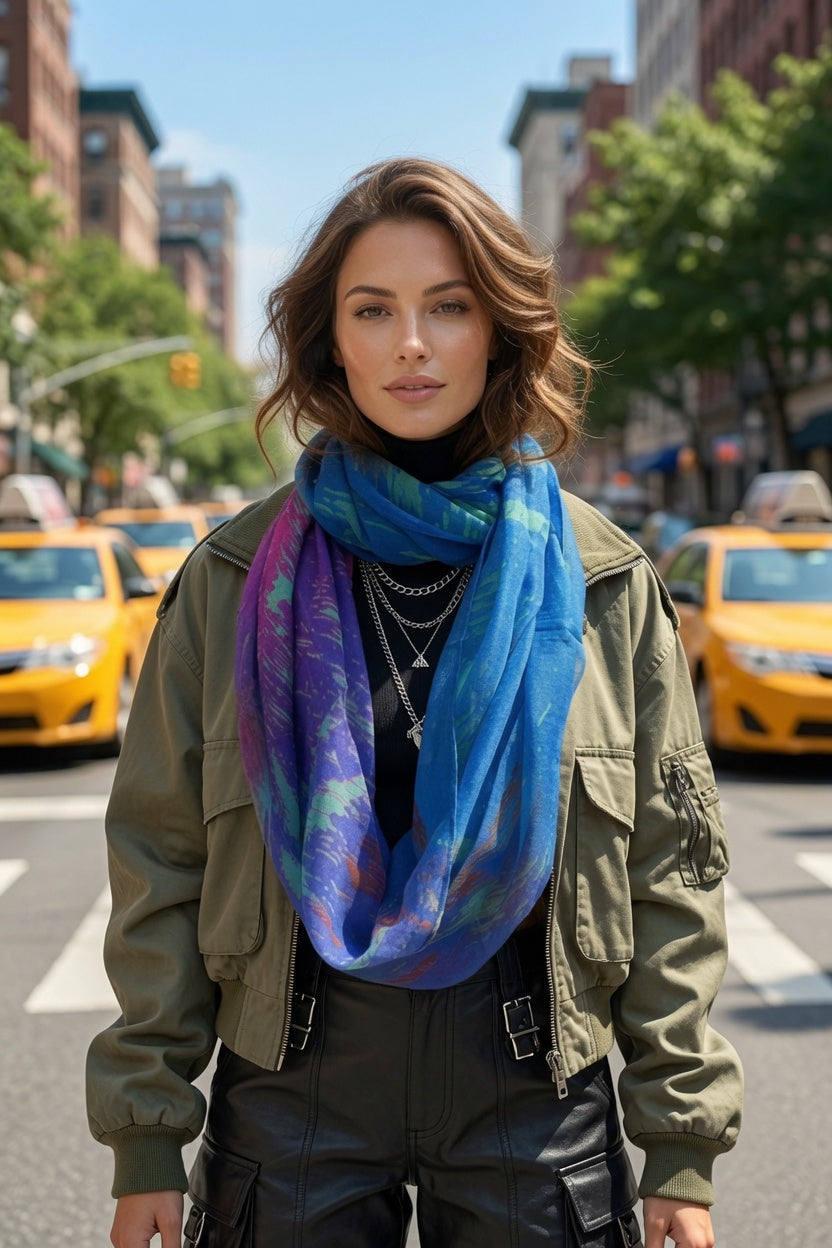 Blue Purple Abstract Painting Infinity Scarf | Wearable Art Loop Scarf