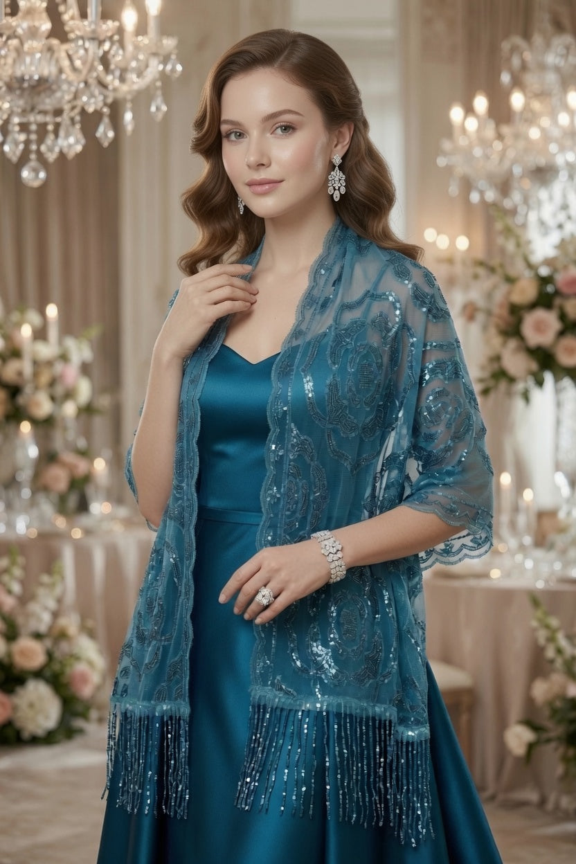 Blue Rose Sequin Evening Scarf Wrap | Elegant Floral Sparkle Shawl