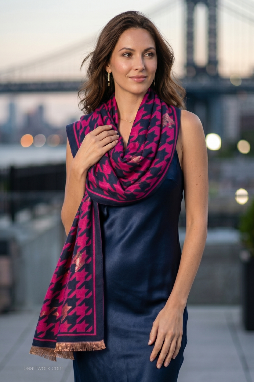 Navy & Fuchsia Houndstooth Scarf with Solid Border – Chic Statement Wrap