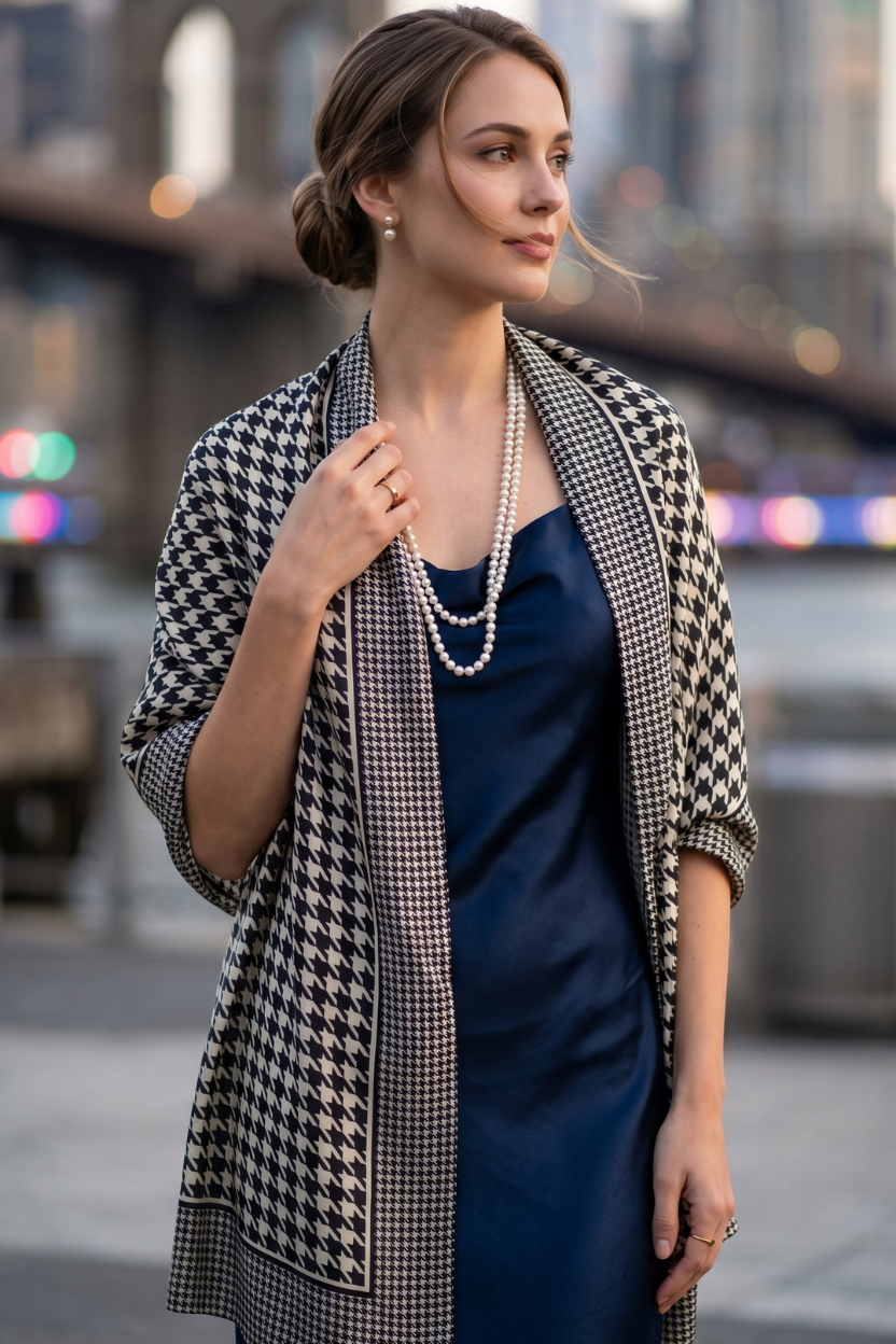 Black & White Houndstooth Silky Satin Scarf Wrap – Classic Designer Inspired Shawl