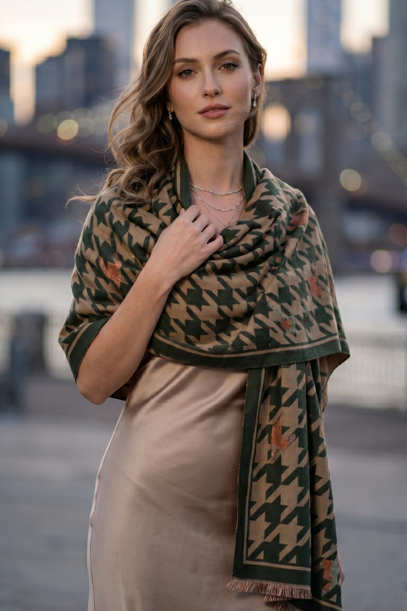 Olive Houndstooth Scarf with Solid Border – Sophisticated Lightweight Shawl
