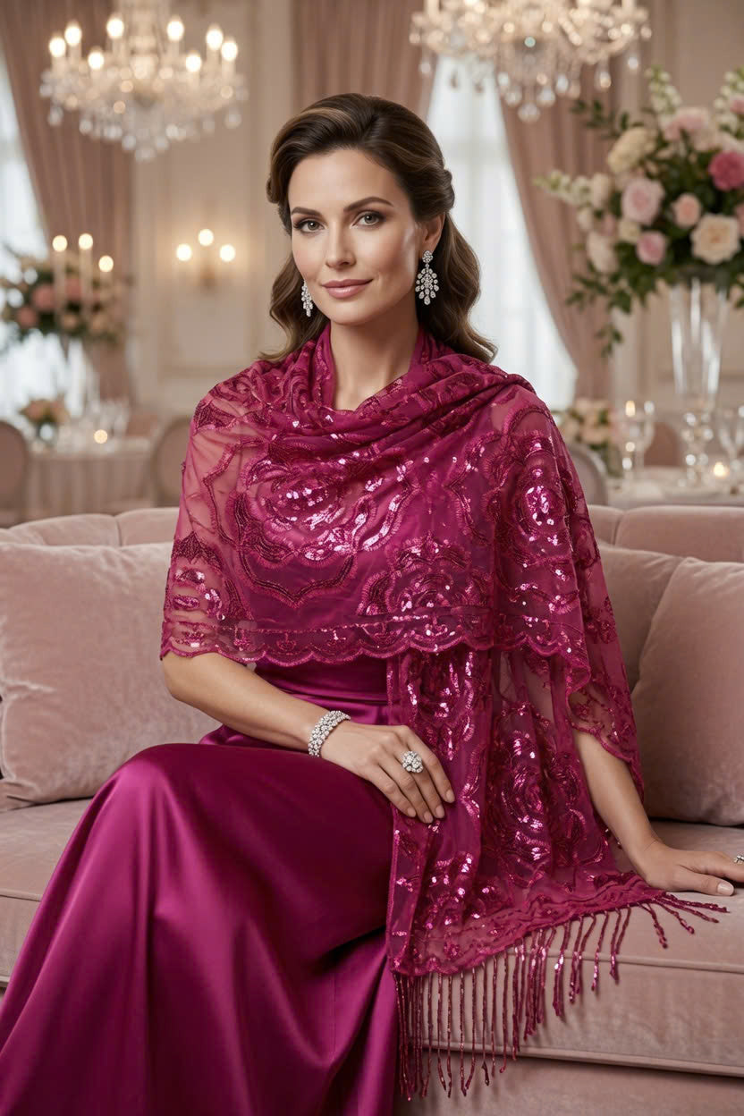 Fuchsia Rose Sequin Evening Scarf Wrap | Elegant Floral Sparkle Shawl