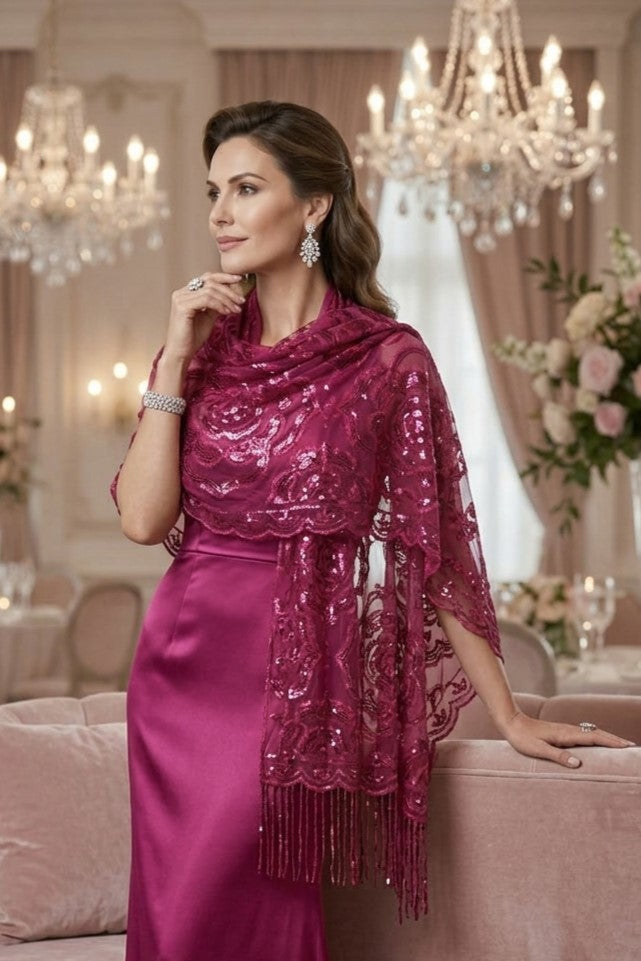 Fuchsia Rose Sequin Evening Scarf Wrap | Elegant Floral Sparkle Shawl