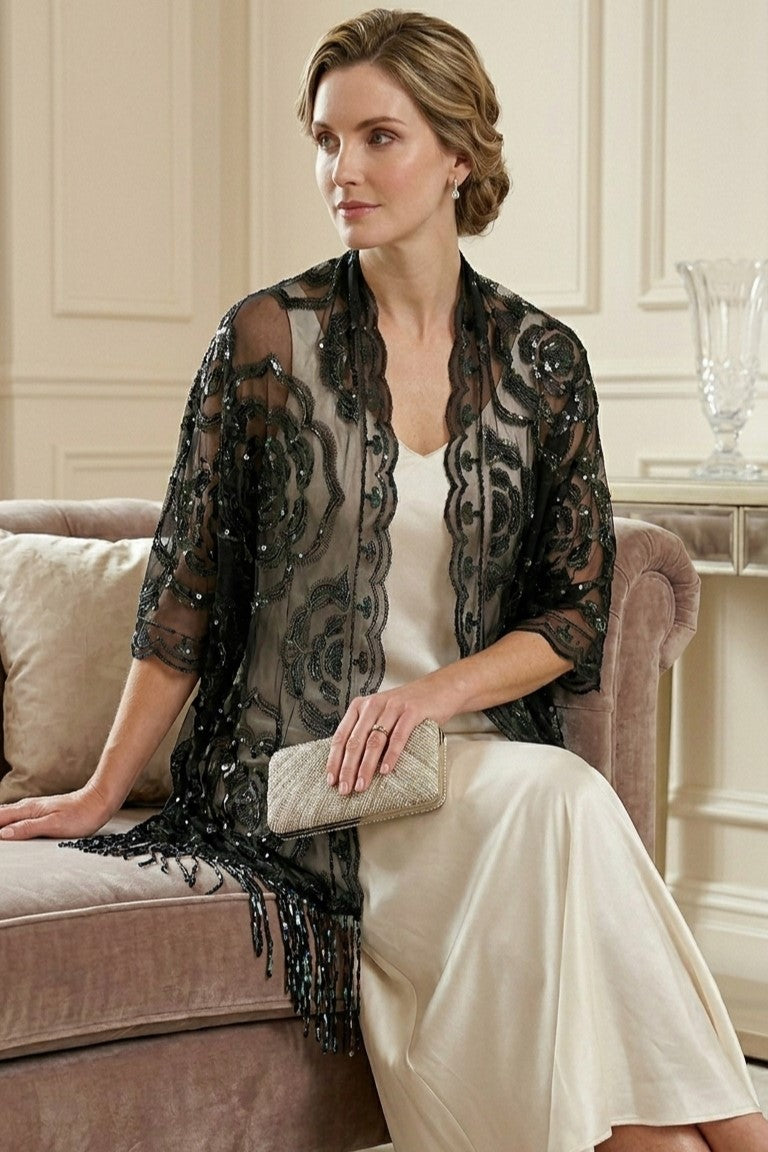 Black Rose Sequin Evening Scarf Wrap | Elegant Floral Sparkle Shawl