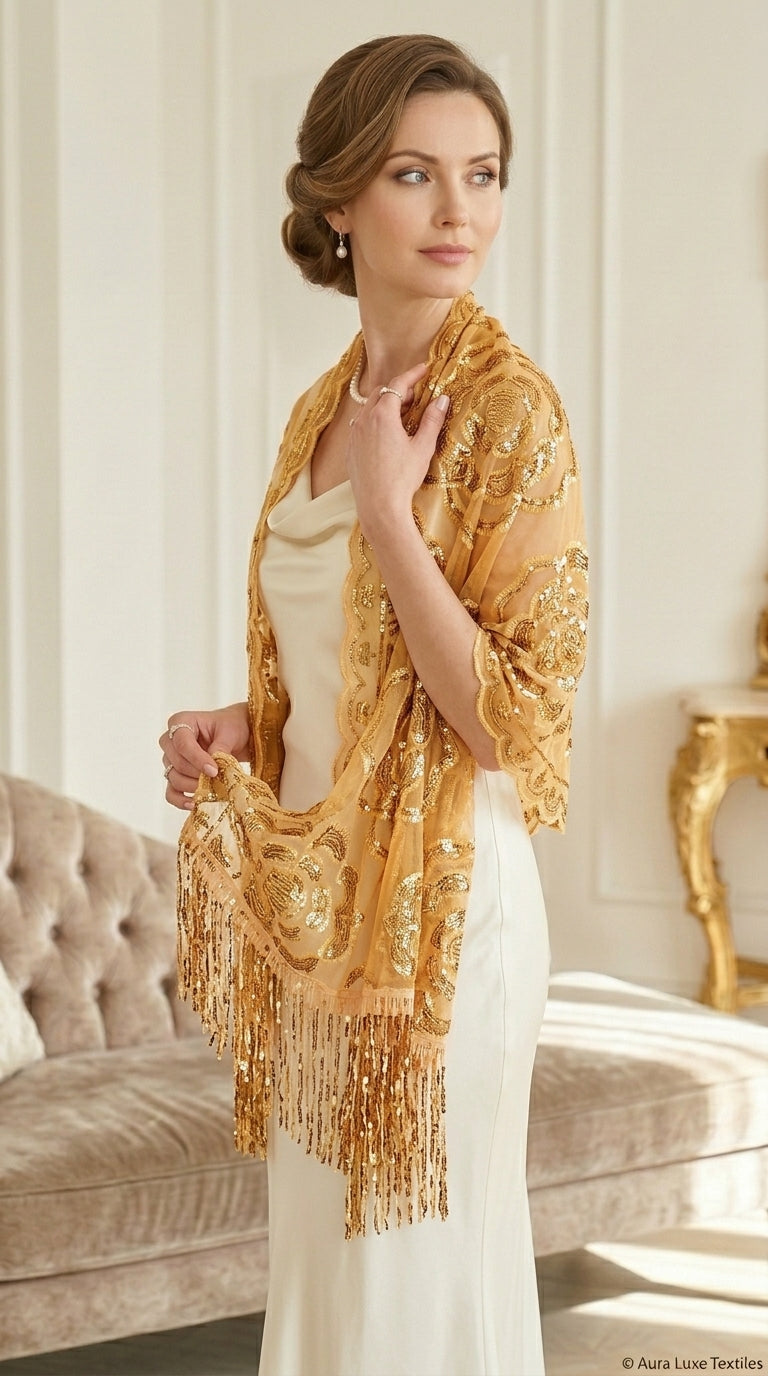 Golden Yellow Rose Sequin Evening Scarf Wrap | Elegant Floral Sparkle Shawl
