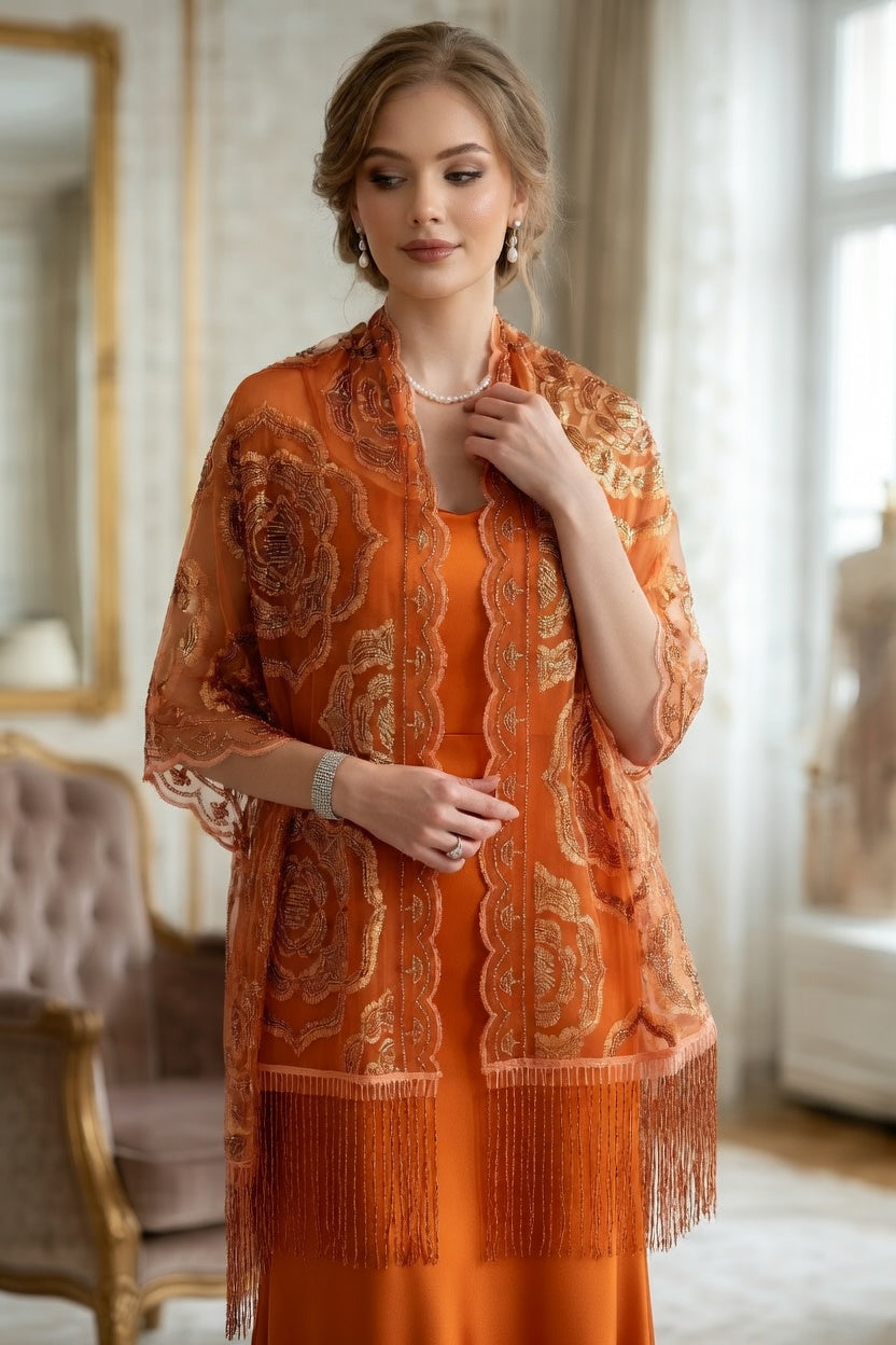 Orange Rose Sequin Evening Scarf Wrap | Elegant Floral Sparkle Shawl