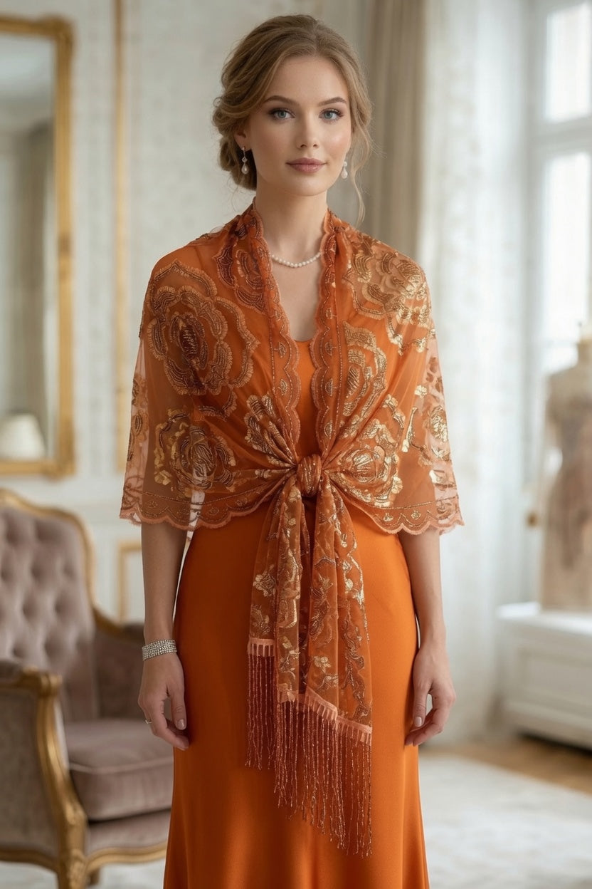Orange Rose Sequin Evening Scarf Wrap | Elegant Floral Sparkle Shawl