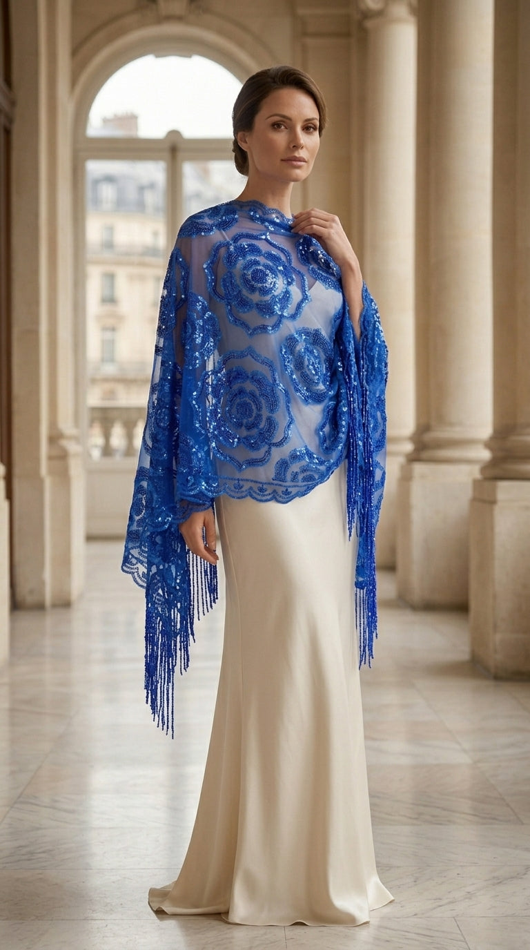 Royal Blue Rose Sequin Evening Scarf Wrap | Elegant Floral Sparkle Shawl