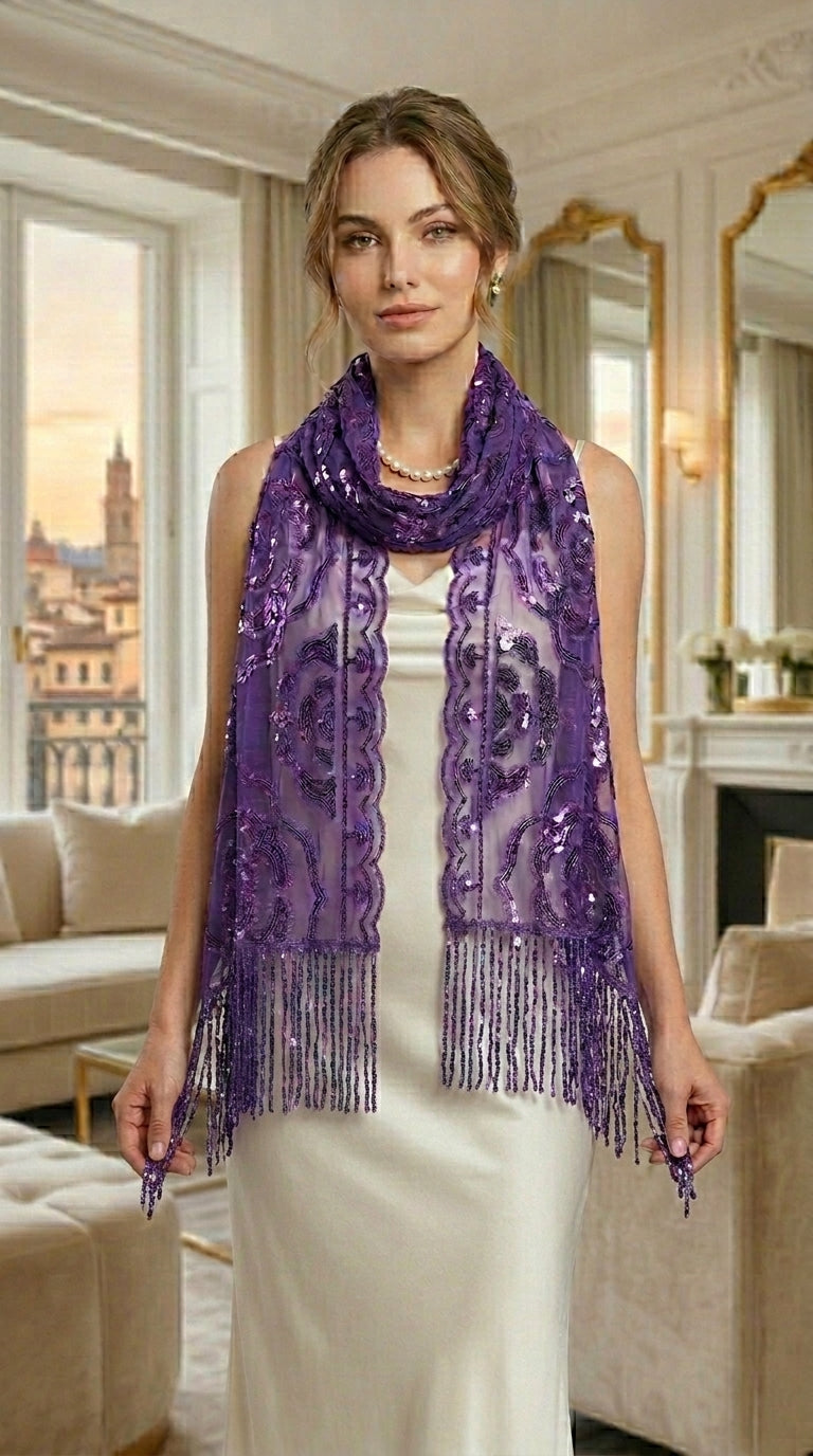Purple Rose Sequin Evening Scarf Wrap | Elegant Floral Sparkle Shawl
