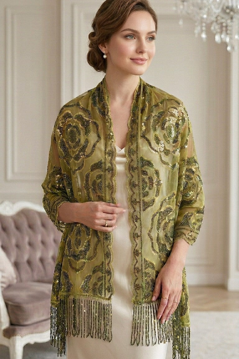 Olive Rose Sequin Evening Scarf Wrap | Elegant Floral Sparkle Shawl