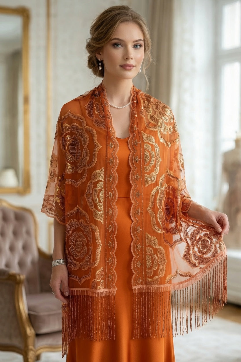 Orange Rose Sequin Evening Scarf Wrap | Elegant Floral Sparkle Shawl