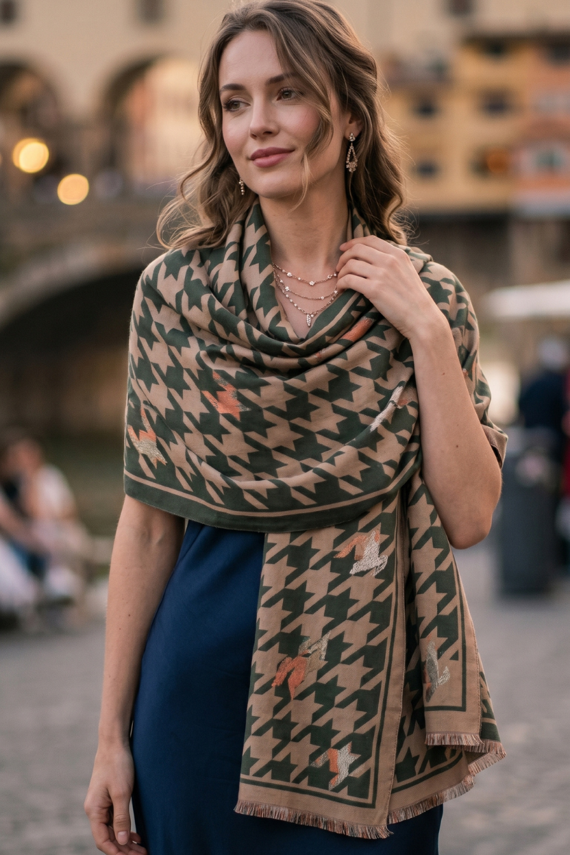 Olive Houndstooth Scarf with Solid Border – Sophisticated Lightweight Shawl