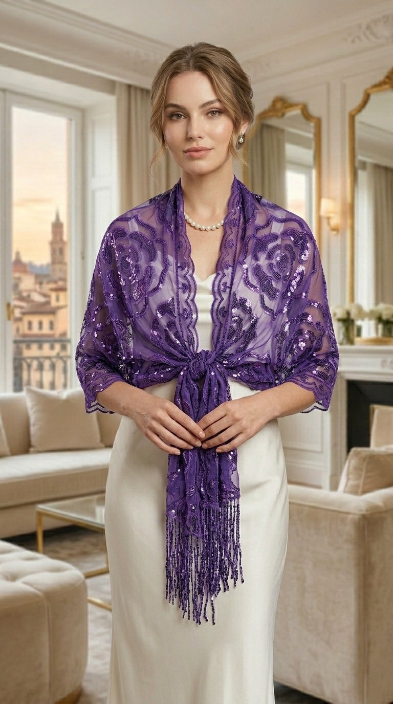 Purple Rose Sequin Evening Scarf Wrap | Elegant Floral Sparkle Shawl