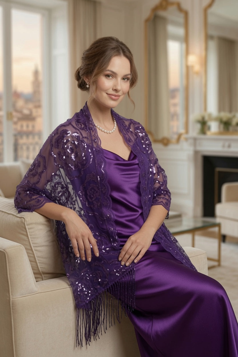 Purple Rose Sequin Evening Scarf Wrap | Elegant Floral Sparkle Shawl