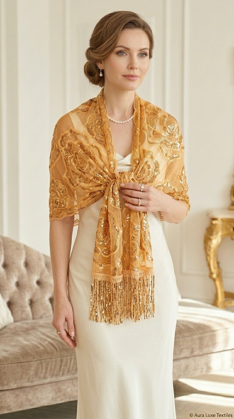 Golden Yellow Rose Sequin Evening Scarf Wrap | Elegant Floral Sparkle Shawl