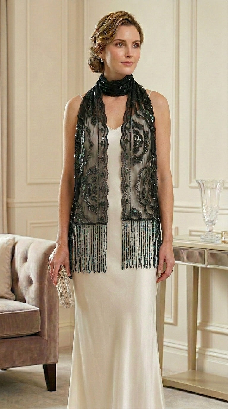 Black Rose Sequin Evening Scarf Wrap | Elegant Floral Sparkle Shawl