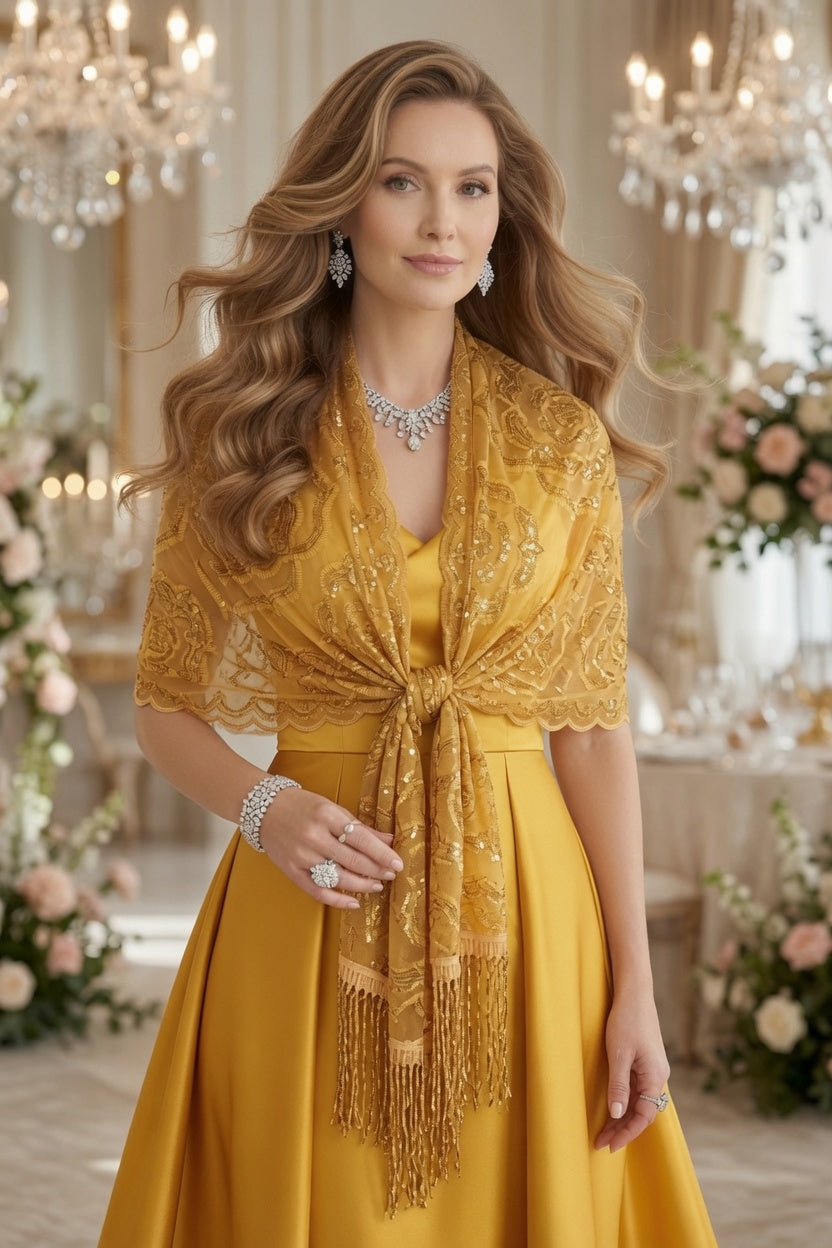 Golden Yellow Rose Sequin Evening Scarf Wrap | Elegant Floral Sparkle Shawl