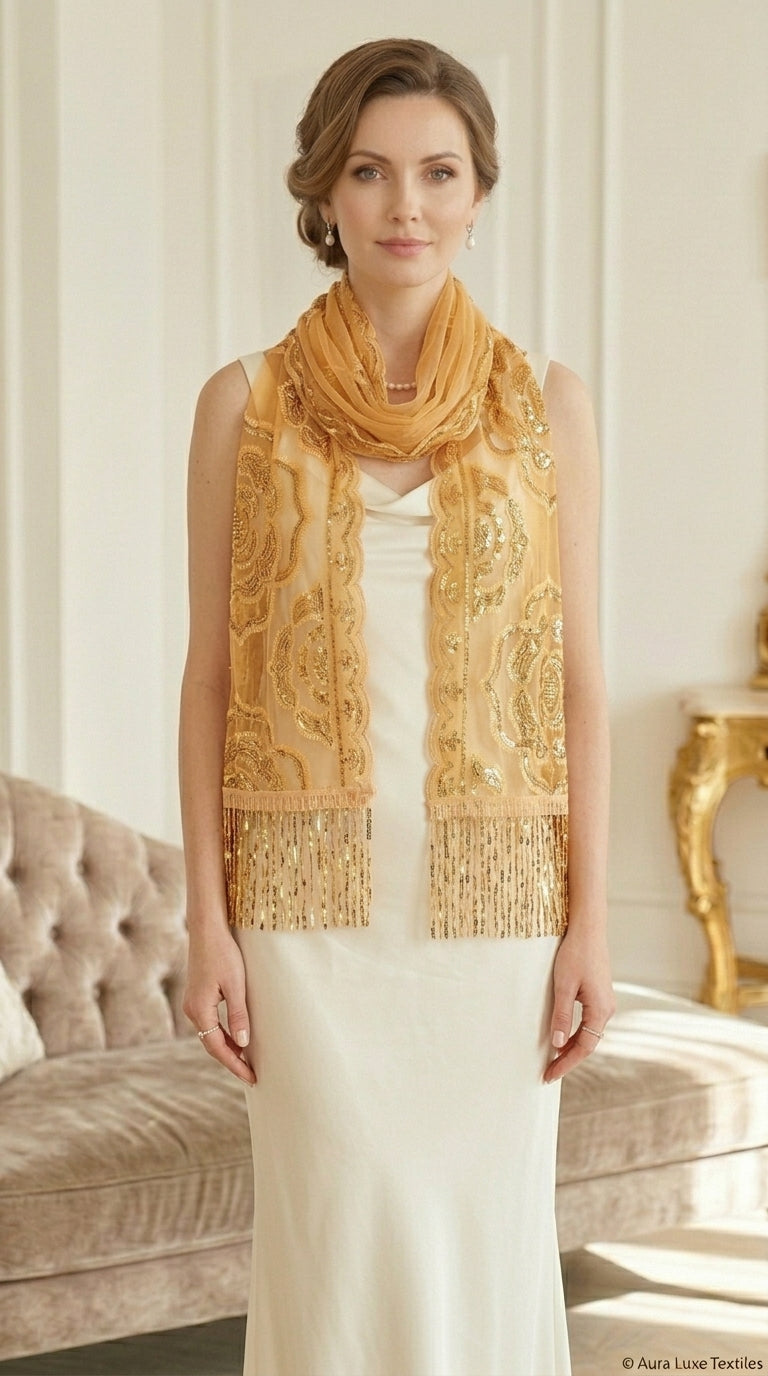 Golden Yellow Rose Sequin Evening Scarf Wrap | Elegant Floral Sparkle Shawl