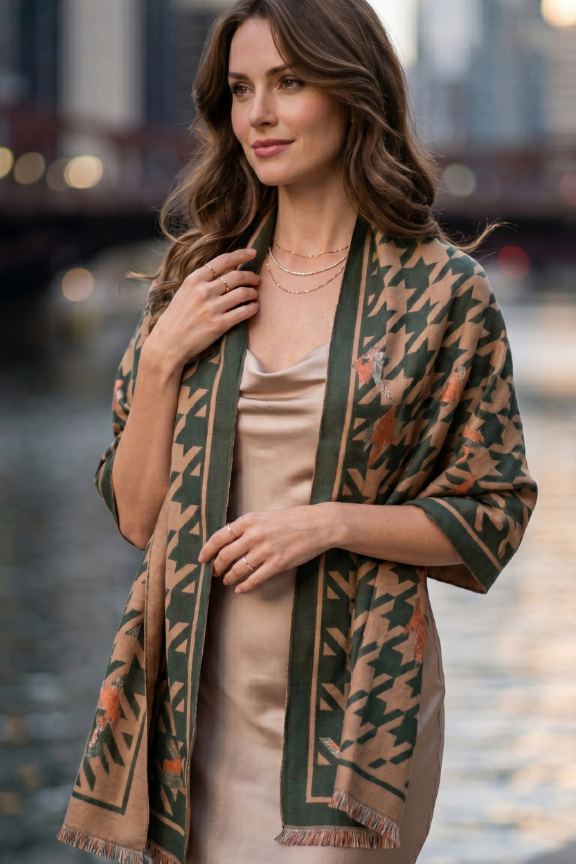 Olive Houndstooth Scarf with Solid Border – Sophisticated Lightweight Shawl