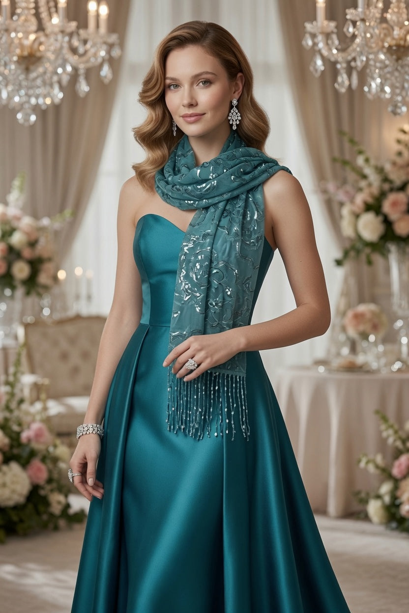 Turquoise Rose Sequin Evening Scarf Wrap | Elegant Floral Sparkle Shawl