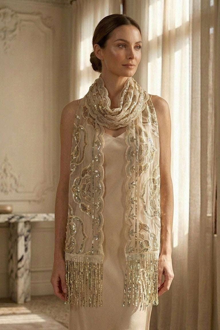 Light Gold Rose Sequin Evening Scarf Wrap | Elegant Floral Sparkle Shawl