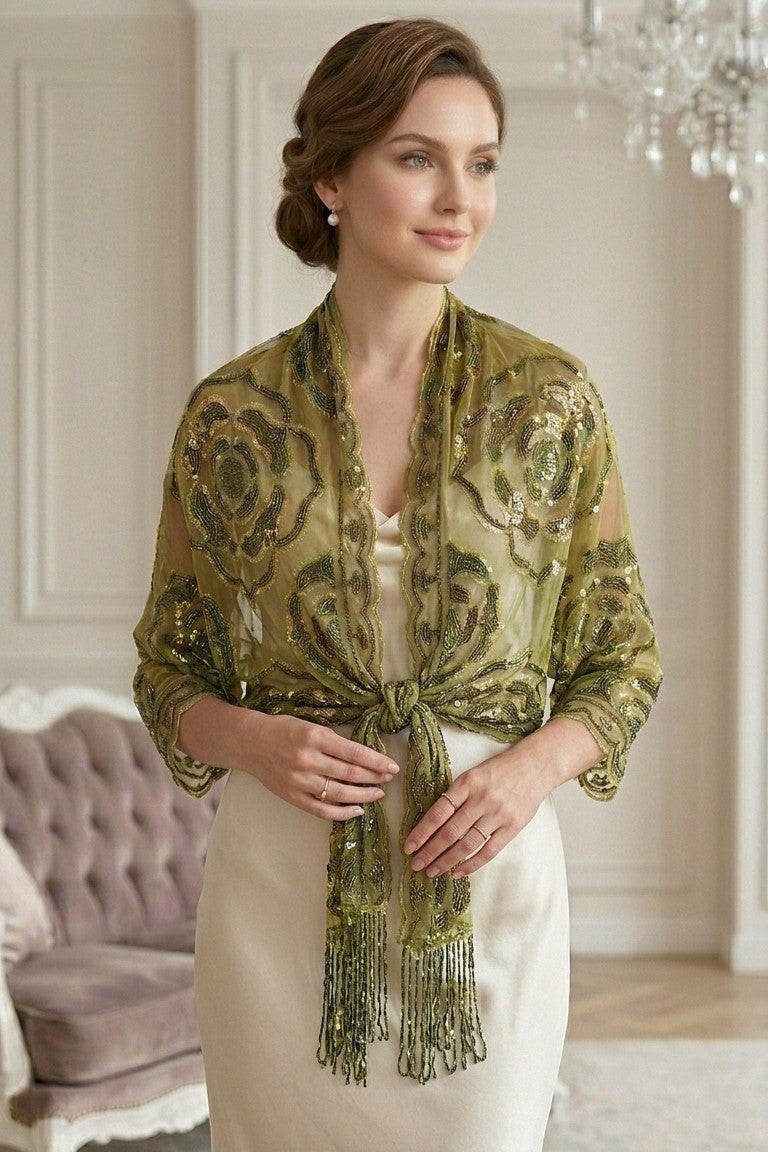 Olive Rose Sequin Evening Scarf Wrap | Elegant Floral Sparkle Shawl