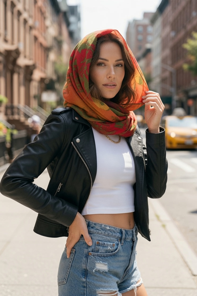 Orange Red Abstract Painting Infinity Scarf | Wearable Art Loop Scarf
