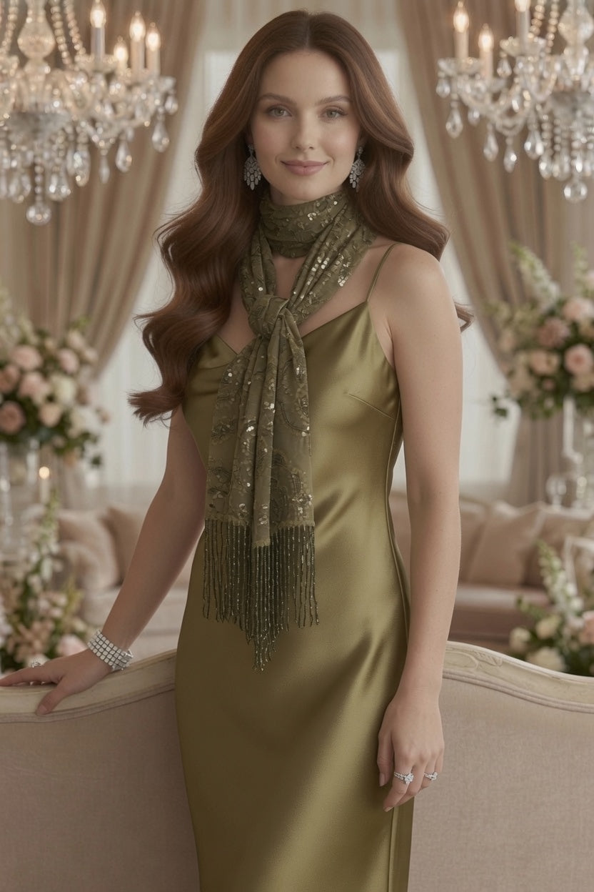 Olive Rose Sequin Evening Scarf Wrap | Elegant Floral Sparkle Shawl
