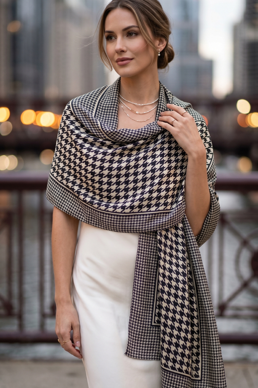 Black & White Houndstooth Silky Satin Scarf Wrap – Classic Designer Inspired Shawl
