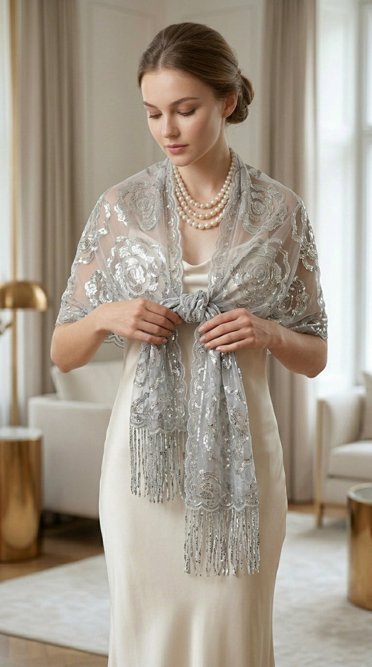 Silver Rose Sequin Evening Scarf Wrap | Elegant Floral Sparkle Shawl