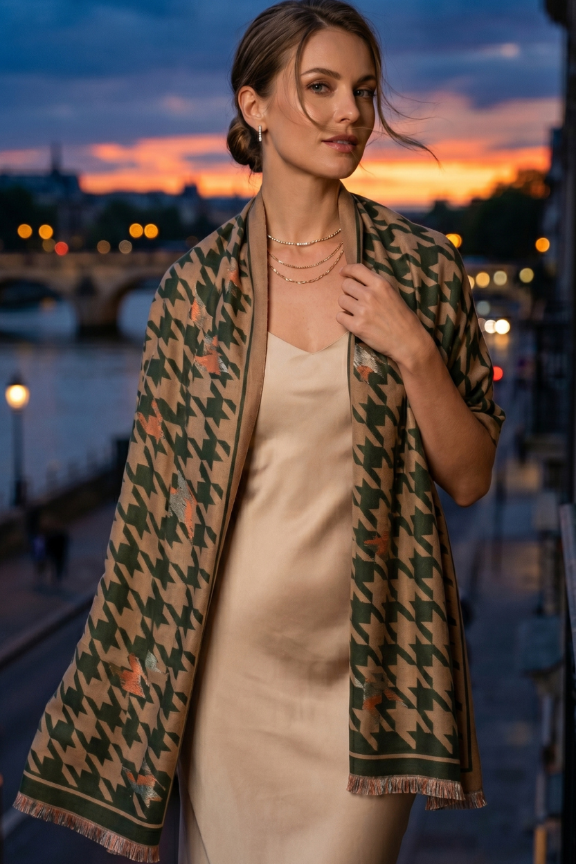 Olive Houndstooth Scarf with Solid Border – Sophisticated Lightweight Shawl
