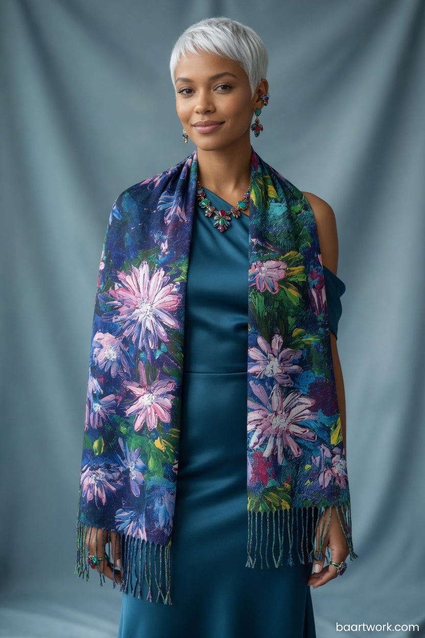 Blue Pink Floral Art Wrap – Soft Romantic Scarf