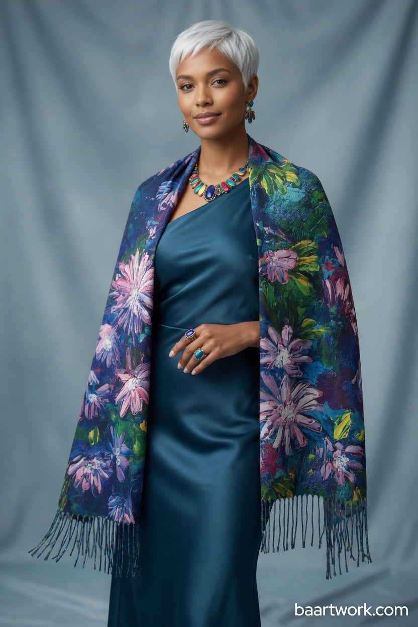 Blue Pink Floral Art Wrap – Soft Romantic Scarf