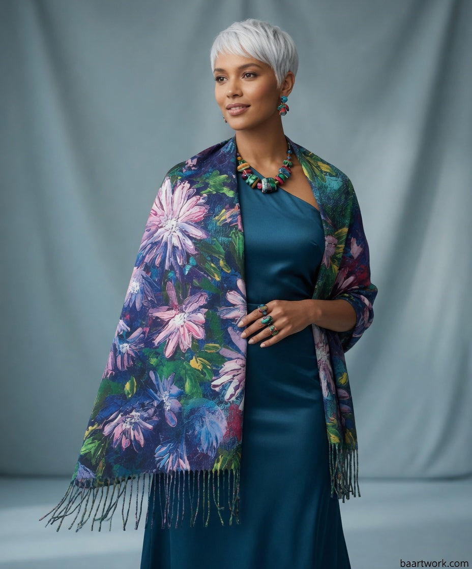 Blue Pink Floral Art Wrap – Soft Romantic Scarf