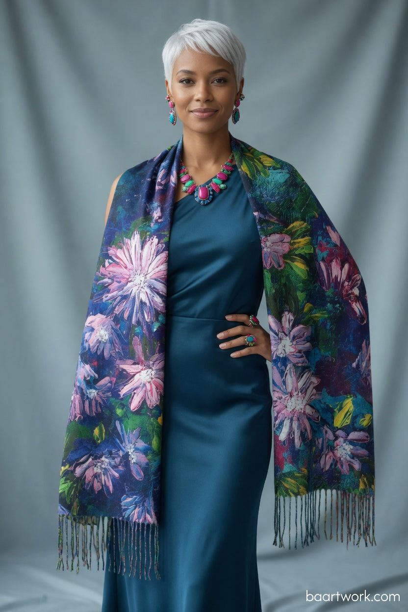 Blue Pink Floral Art Wrap – Soft Romantic Scarf